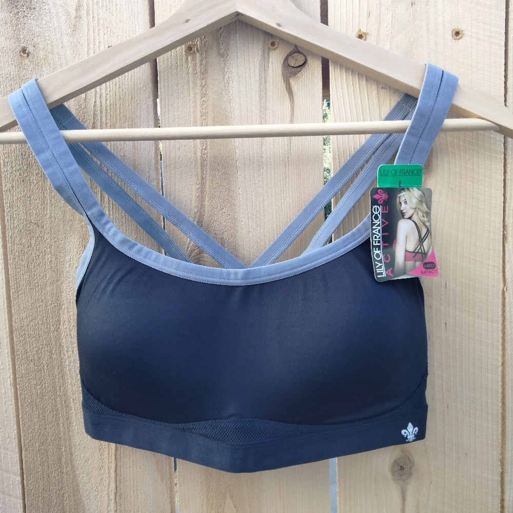 Lily of France NWT Crosse-Back Med Impact Active Sports Bra Black/Gray Sz Large